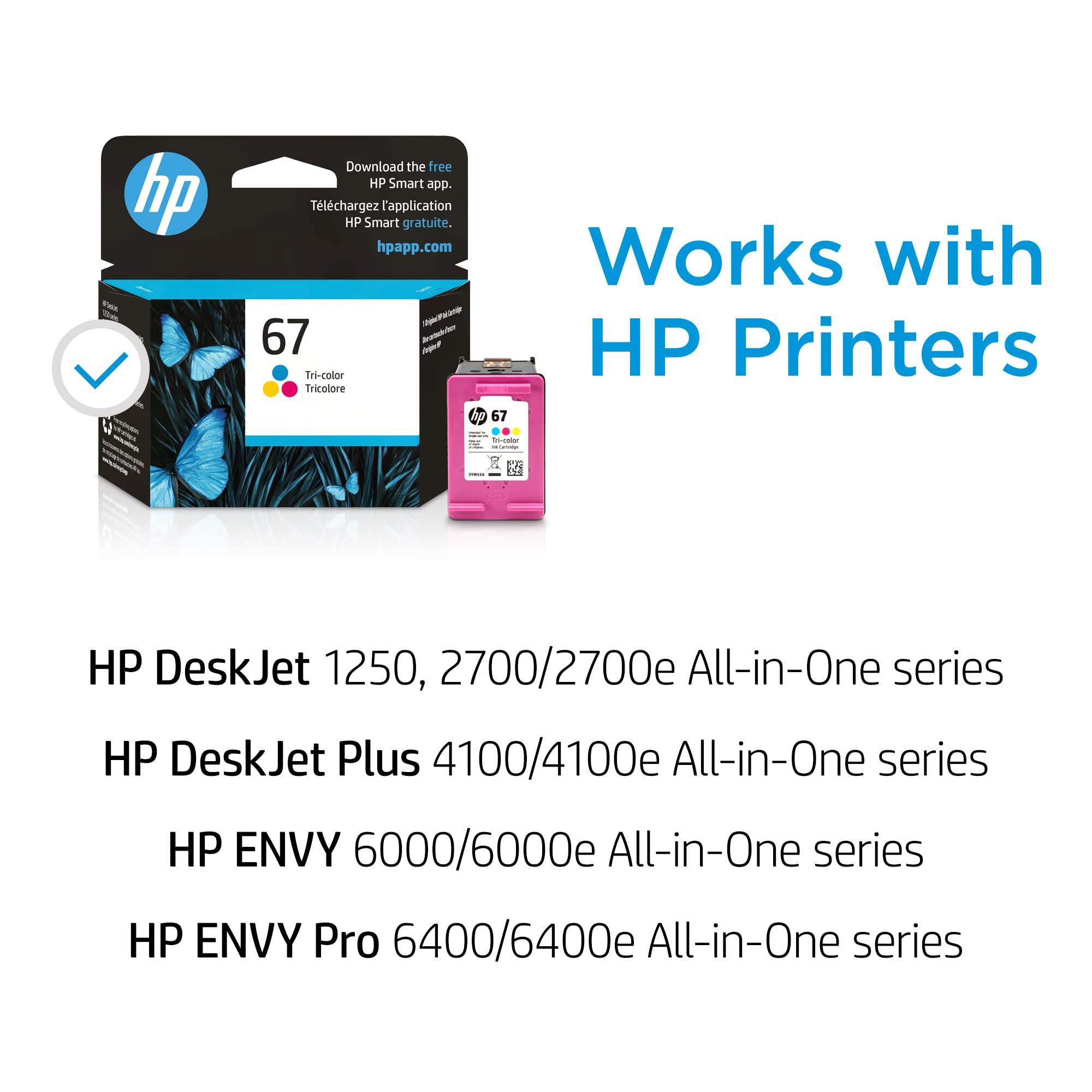 HP 67 Tri-color Ink Cartridge | Works with HP DeskJet 1255, 2700, 4100 Series, HP ENVY 6000, 6400 Series | Eligible for Instant Ink | 3YM55AN