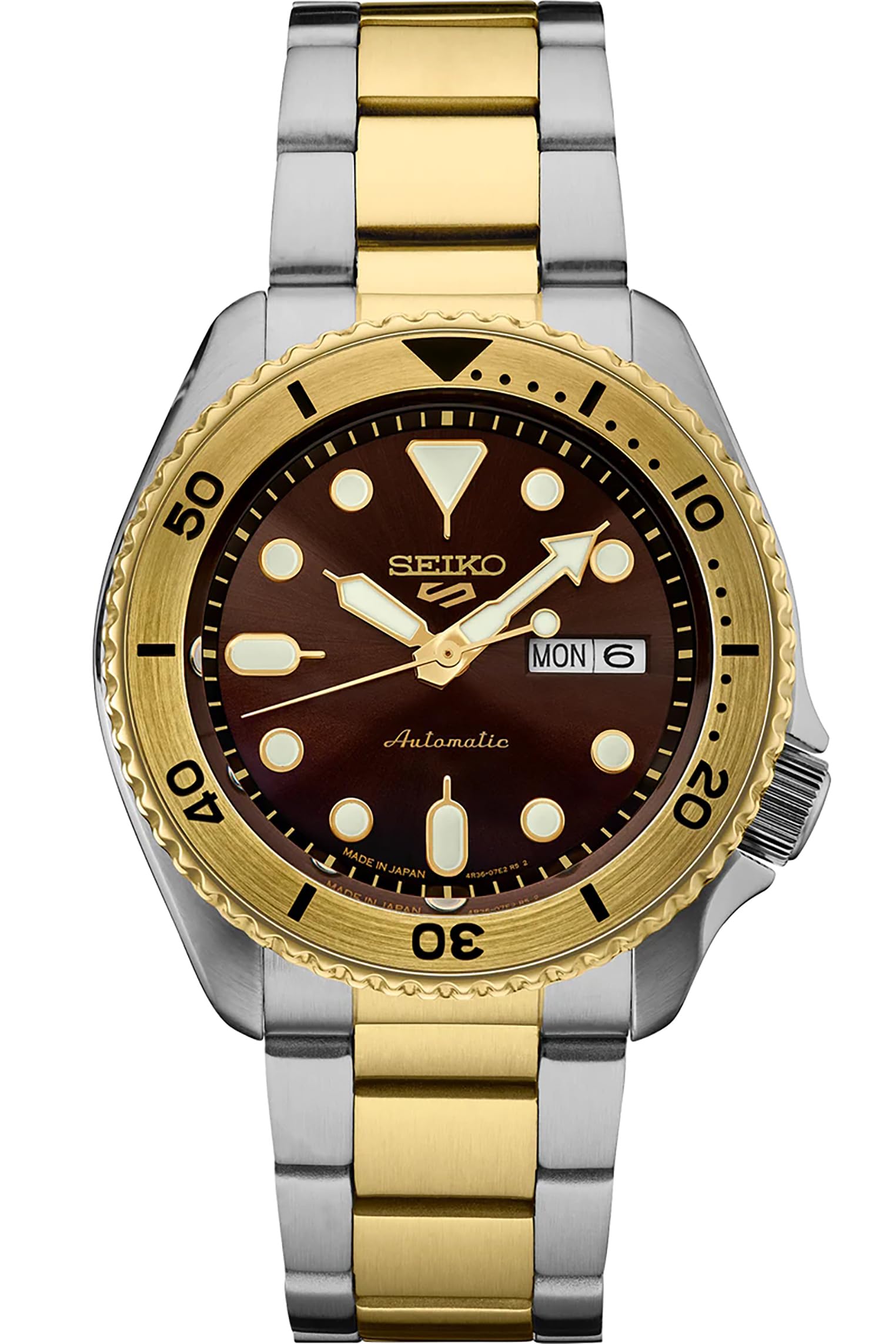 SEIKO SRPK24,Men Sport,GMT,Mechanical,Automatic,Stainless,Two Tone,Brown Dial,100m WR