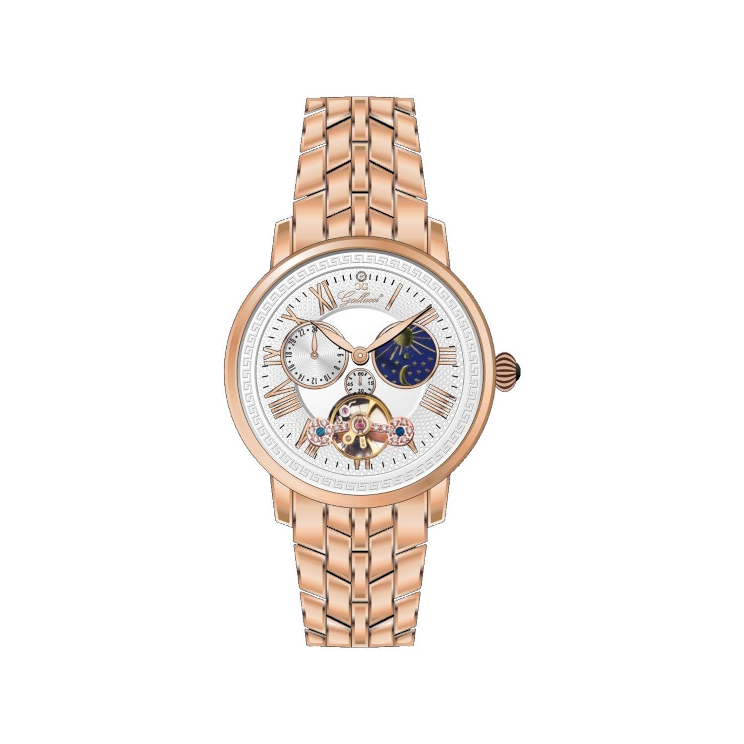 Gallucci Unisex Fashion Automatic Wrist Watch with a Czech Stone Bridge, Sun & Moon Phase and Roman Figure Display