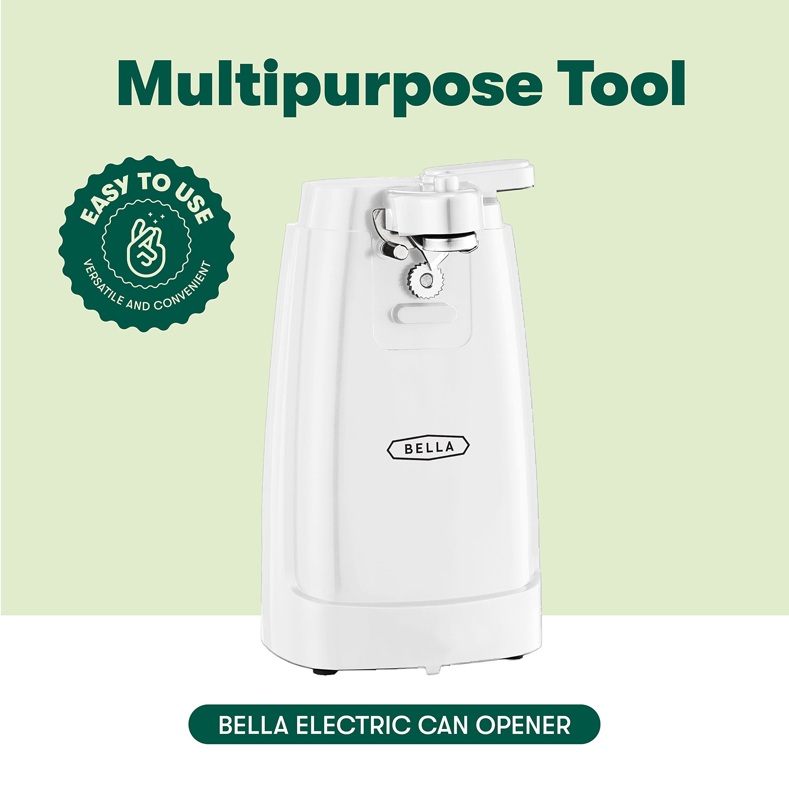 BELLA Electric Can Opener and Knife Sharpener, Multifunctional Jar and Bottle Opener with Removable Cutting Lever and Cord Storage, Stainless Steel Blade, White