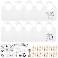 55/88/110 Pcs DIY Baby Bibs Decorating Set Includes White Baby Bibs Fabric Markers Stencils Clothespins Hemp Rope for Baby Shower Games Boys Girls