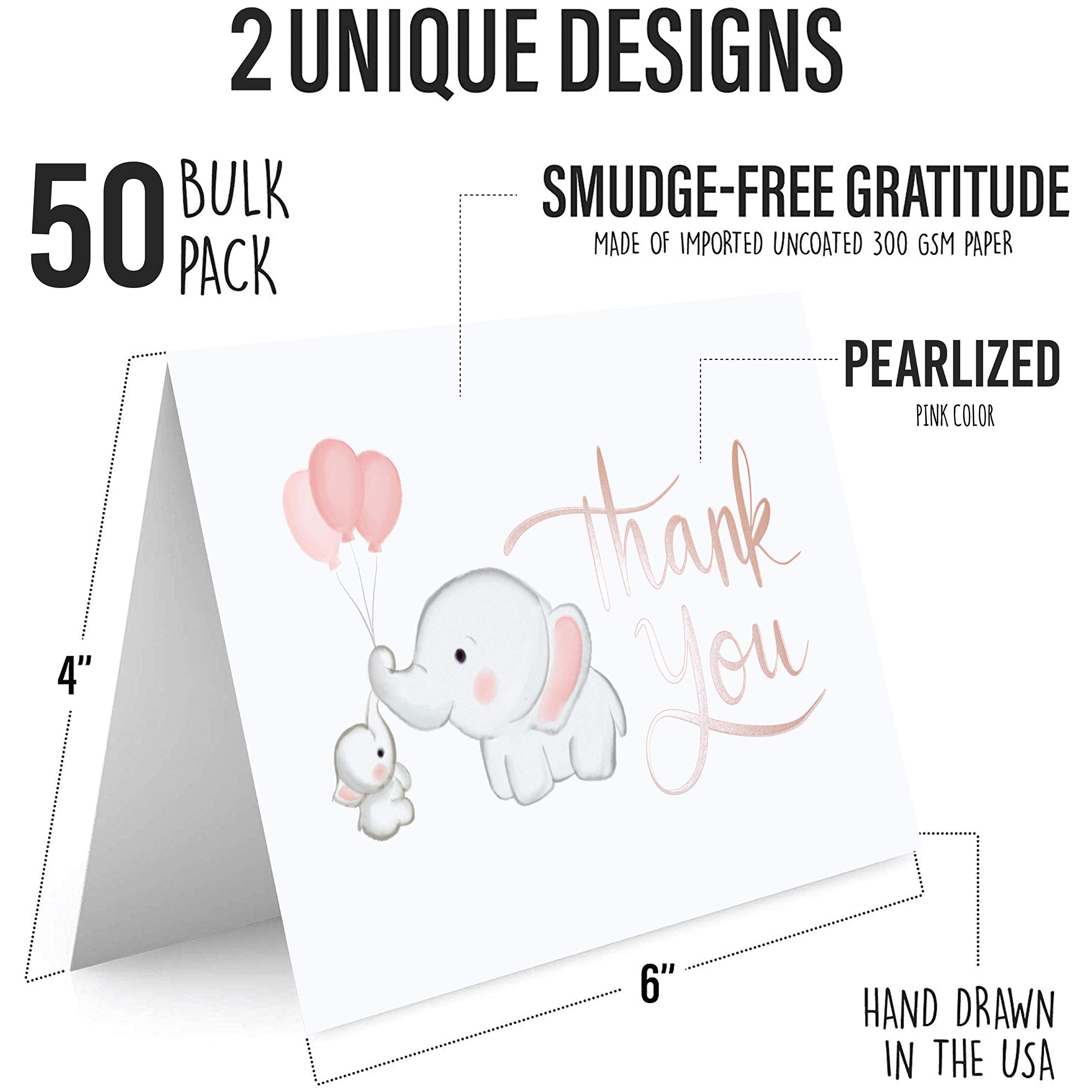 Baby Shower Thank You Cards with Envelopes for Girl. 50 Elephant Pink Thank You Cards Baby Shower with Envelopes for Baby Thank You Notes - Blank Inside Baby Shower Card Pack with Sealing Stickers…