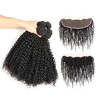 Queen Plus Brazilian Kinky Curly Bundles with Frontal Ear to Ear Frontal Lace Closure with Bundles 4 Bundles 7a Virgin Human Hair Weave(18 20 22 24+16)