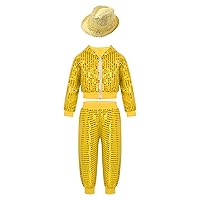 YiZYiF Kids Boys Girls Hip Hop Jazz Dance Disco Costume Sequins Hooded Jacket Pants Hat Christmas Performance Outfit Set Yellow 7-8 Years