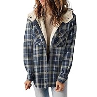 Womens Warm Hooded Plaid Shacket Sherpa Lined Comfy Jackets Oversized Button Up Fleece Hoodies Winter Casual Coat