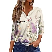 Women's Cotton Shirts 3/4 Sleeve Boho Retro Floral Prints Herry Neck Summer Tops T Shirts Loose Fit V Neck Trendy Blouse
