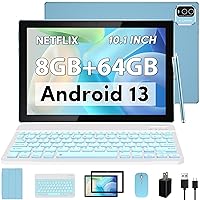 Android 13 Tablet with Keyboard, 2024 Newest 10 inch 2 in 1 Tablets, 1.8Ghz Quad-Core Processor, 8GB RAM+64GB ROM+512GB Expend Tableta, Case/Mouse/Stylus/8MP Camera/6000mAh Battery/1280x800 HD Display