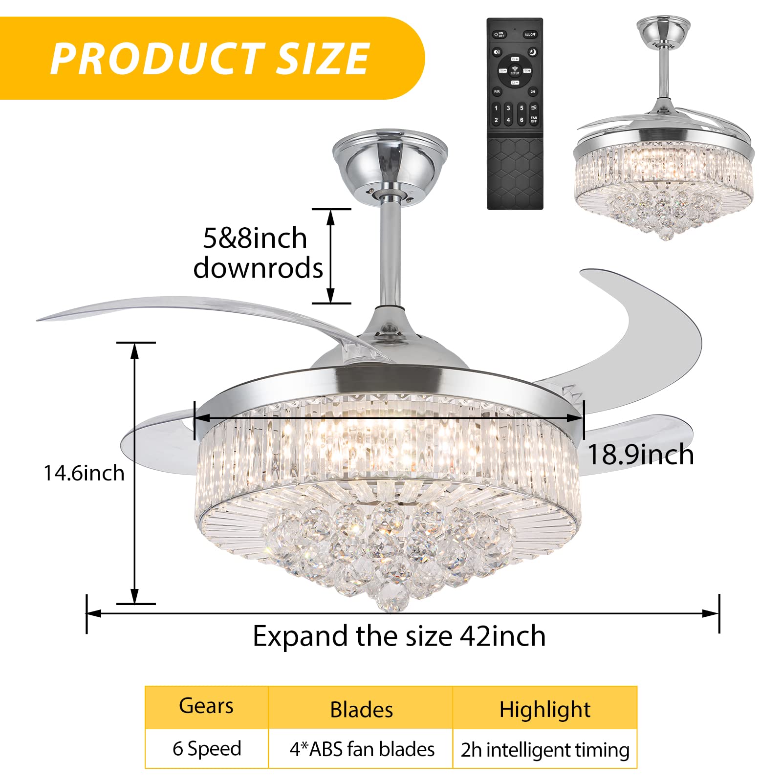 wuyule 42 Inches Crystal Ceiling Fan Silver Crystal Ceiling Fan Chandelier with Remote 3 Speeds 3 Colors Changes Lighting Fixture, 4 Blades Retractable Fans for Bedroom Living Room Dining Room