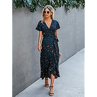 Fall Dresses for Women 2023 Allover Print High Low -line Dress Dresses for Women (Color : Dark Green, Size : XX-Large)