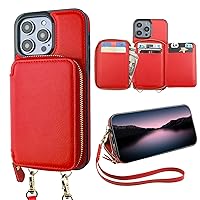 Bocasal RFID Blocking Wallet Case for iPhone 14 Pro Max, Adjustable Crossbody Zipper Purse Case Card Holder with Kickstand Detachable Wrist Strap, PU Leather Flip Folio Case 6.7 Inch 5G (Red)
