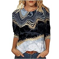 3/4 Length Sleeve Womens T Shirts Marble Printed Fashion Casual Summer Tops Crew Neck Pullover Blouses Loose Fit Tunic Tees