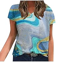 Vintage Graphic Tees for Women Dressy Casual Marble Print T-Shirt Summer V Neck Short Sleeve Tops Going Out Blouse