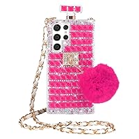 Losin for Galaxy S24 Ultra Perfume Bottle Case Bling Glitter Case for Women Girls Detachable Crossbody Lanyard Strap Case Luxury 3D Sparkle Rhinestones Gemstone with Cute Plush Furry Ball Cover, Rose