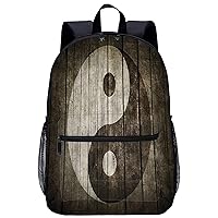 Ying Yang Sign Wooden Art Large Backpack 17Inch Lightweight Laptop Bag with Pockets Travel Business Daypack