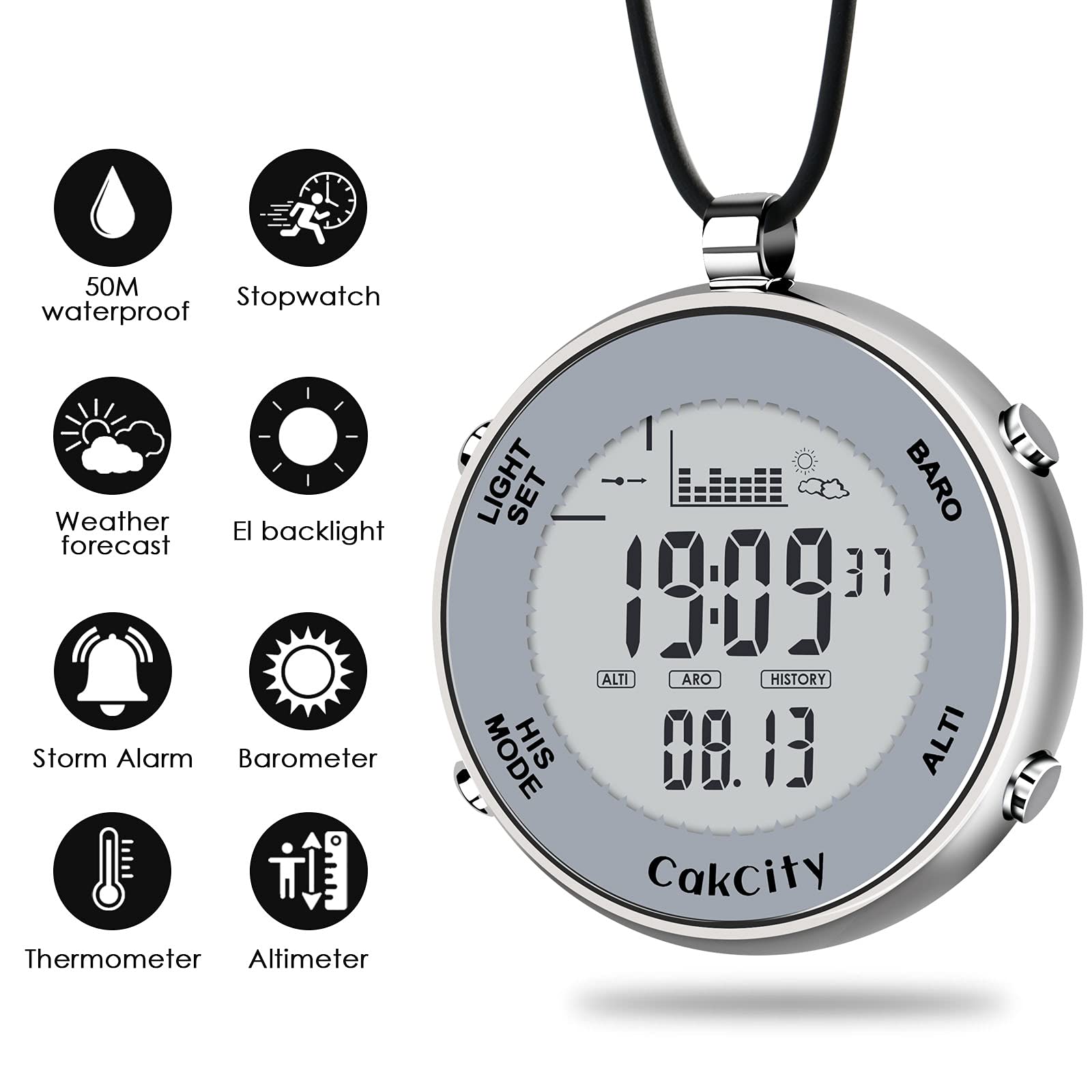 CakCity Mens Digital Pocket Watch with Chain Waterproof Outdoor Fishing Clip on Watches with Weather Altimeter Barometer Thermometer Stopwatch