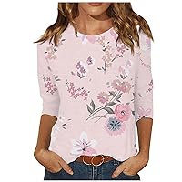 Spring Tops, Summer Beach Shirts for Women Three Quarter Sleeve Print Round Neck Pullover Top Blouse