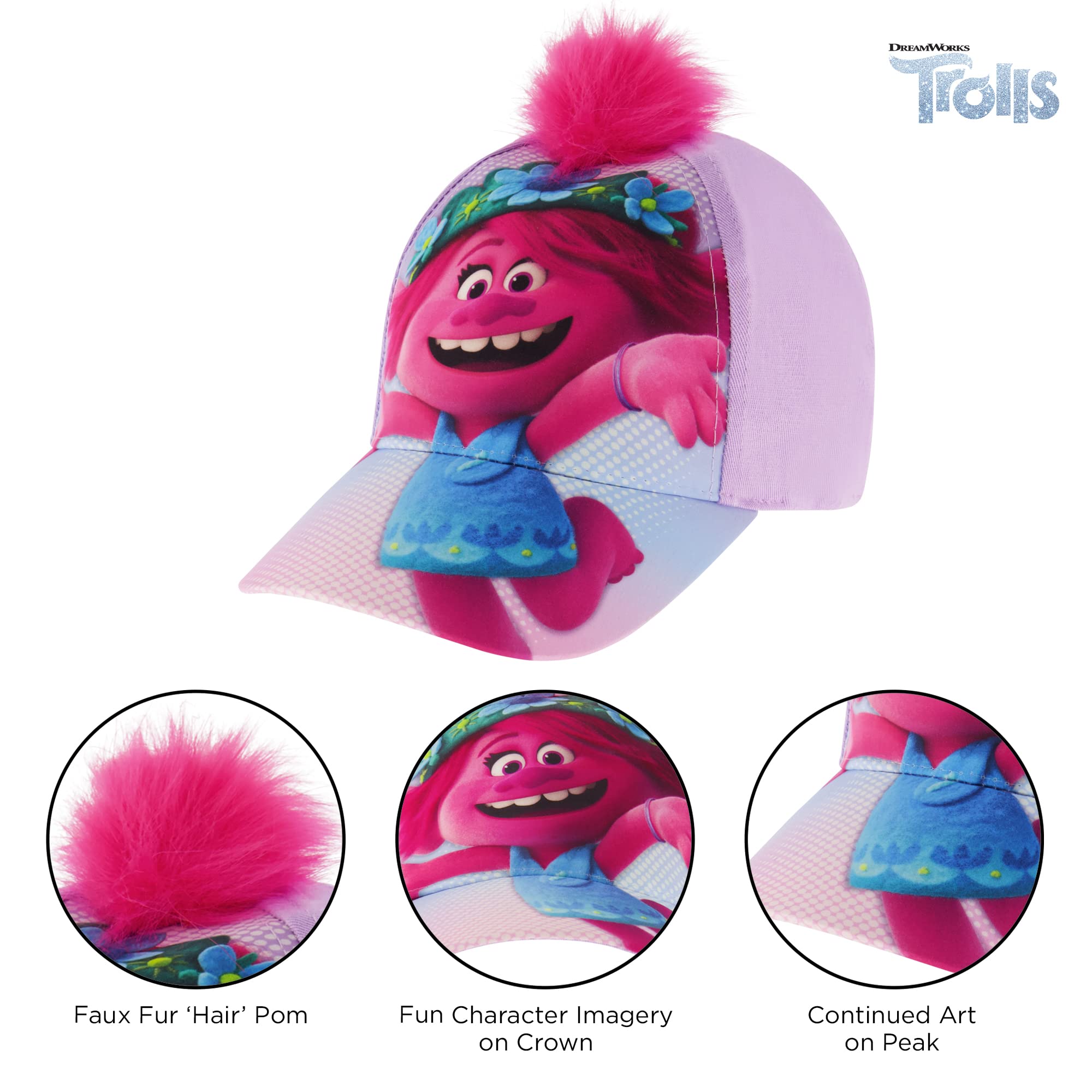 DreamWorks Girls' Little Baseball Cap, Trolls Adjustable Kids Hat for Ages 4-7