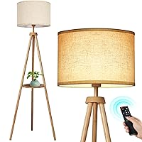 OUTON Wood Tripod Floor Lamp with Shelves, Mid Century Floor Lamp with Remote Control,4 Color Temperature, LED Modern Dimmable Standing Lamp with Beige Linen Shade for Living Room, Bedroom, Office