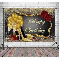 Glitter Golden and Black Birthday Backdrop Red Rose Floral Champagnes Glass Balloons Party Background for Adult Women Happy Birthday Party Supplies Banner 9x6ft