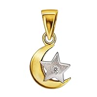 CLEVER SCHMUCK Golden Star in the Moon Pendant 9 x 10 mm Bi-Colour Star Matt Silver White Moon Simple Shiny Slightly Curved with Zirconia 333 Gold 8 Carat in Case Sand, Glossy, Cubic Zirconia