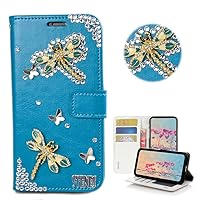 STENES Bling Wallet Phone Case Compatible with Samsung Galaxy Z Fold 3 5G Case - Stylish - 3D Handmade Dragonfly Butterfly Design Magnetic Wallet Stand Leather Cover Case - Blue