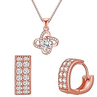 14K Gold Plated Faux Diamond Round Solitaire Love Knot Pendant Necklace and Hoop Earrings Cubic Zirconia Huggie