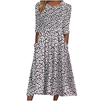Flowy Dresses for Women 3/4 Sleeve Empire Waist Ruched Long Maxi Sundress Bohemian Floral Loose Fit Summer Dress