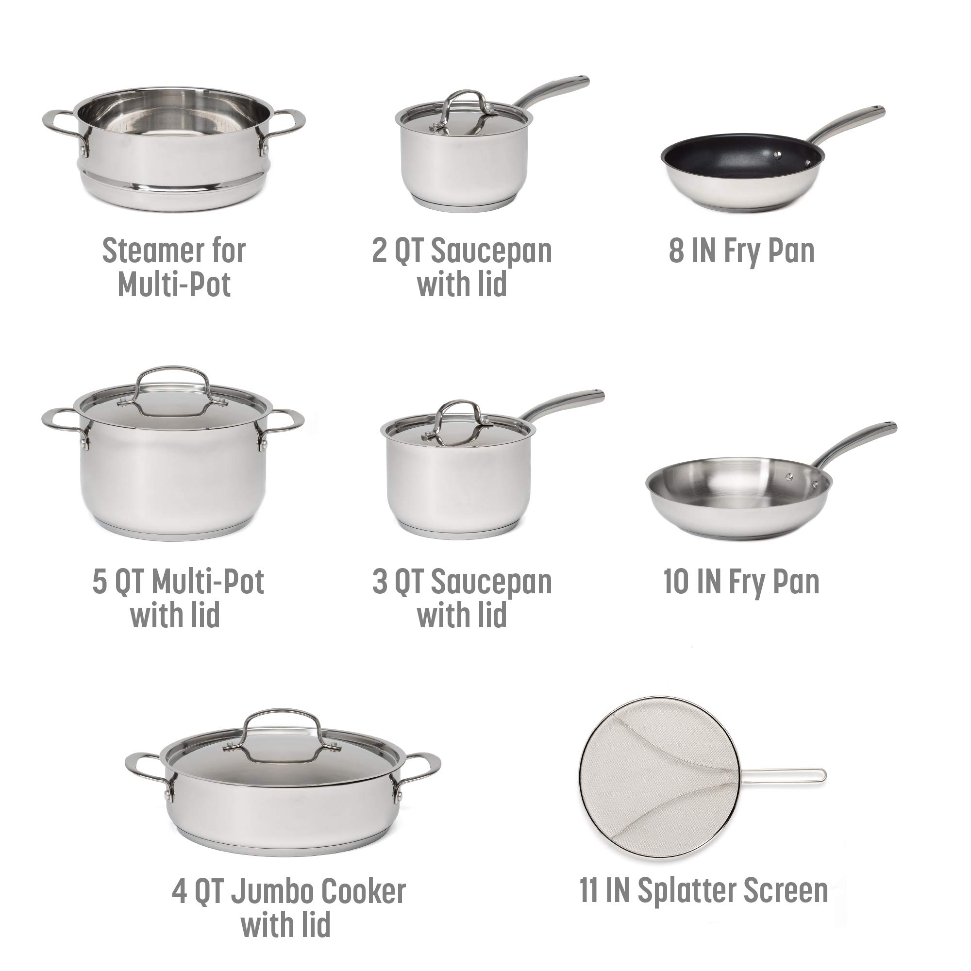 Goodful 12-Piece Classic Stainless Steel Cookware Set with Tri-Ply Base for Even Heating, Durable, Impact Bonded Pots and Pans, Dishwasher Safe Includes Non Stick Frying Pan, Chrome