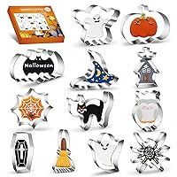 12Pcs Halloween Cookie Cutters Set - Stainless Steel Sandwich Cutter Shapes, Pumpkin Ghost Bat Cat Coffin Broom Spide Hat Shapes Biscuit Cookie Fondant Cutters for Halloween Food Party Decorations