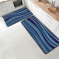 Blue Textured Stripe Pattern Kitchen Mat [2 PCS] and Rugs Cushioned Anti-Fatigue 47x17 Inch/29x17 Inch, Waterproof Non-Skid Ergonomic Comfort Foam Rugs,3 Packs