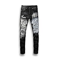 Flolongs Amini Men's Slim Fit Ripped Distressed Patched High Jeans