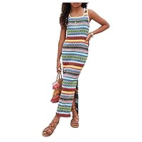 SHENHE Girl's Summer Boho Dress Square Neck Split Thigh Striped Sleeveless Long Tank Dress