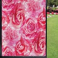 Watercolor Flower Frosted Window Film Privacy Window Film,Mixed Roses Painting Vivid Colors Romantic Floral Design Ornate Nature Theme Non-Adhesive Removable,Pink 24 x 36