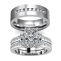 TWO RINGS Wedding Ring Sets His And Hers Promise Ring Couples Bridal Sets Women 925 Sterling Silver Heart Cz Man Titanium Wedding Bands