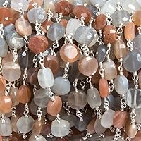 7mm Multi Color Moonstone coin Silver plated Chain by the foot 24 pieces
