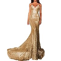 Women's Spaghetti Straps Sequin Mermaid Prom Dresses Long V-Neck Backless Evening Formal Gown