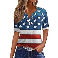 Flag Day Summer 3/4 Sleeve Tops for Women Plus Size USA Printed 4th of July Shirts Casual V-Neck Independence Day