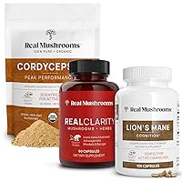 Real Mushrooms RealClarity (60ct) & Lions Mane (120ct) Capsules w/Cordyceps Powder Bundle - Mushroom Supplement for Mental Clarity, Focus, Cognition, Energy & Vitality - Vegan, Non-GMO
