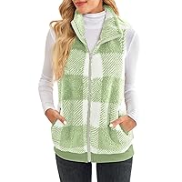 Womens Fashion Plaid Fleece Vest Casual Fuzzy Sleeveless Sherpa Vest Fluffy Zipper Jacket Warm Outerwear with Pockets