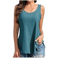 Women Scoop Neck Sleeveless Tops 2024 Eyelet Embroidery Fashion Tank Tops Summer Casual Loose Fit Solid Beach Shirts