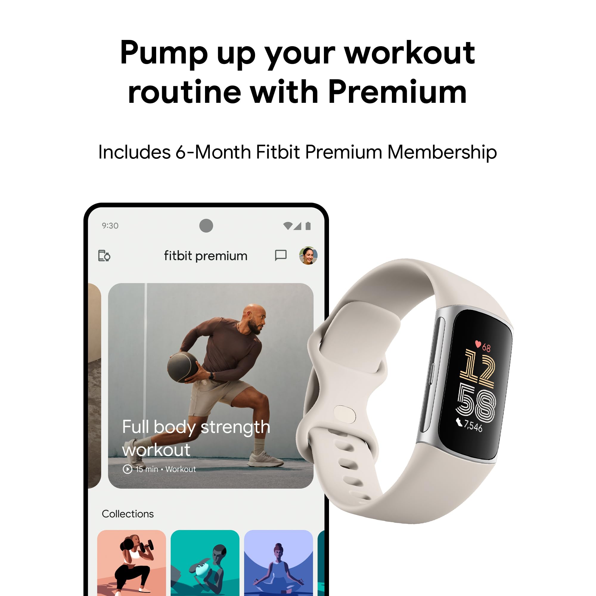 Fitbit Charge 6 Fitness Tracker with Google apps, Heart Rate on Exercise Equipment, 6-Months Premium Membership Included, GPS, Health Tools and More, Porcelain/Silver, One Size (S & L Bands Included)