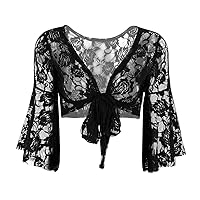 FEESHOW Women's Bell 3/4 Length Butterfly Sleeves Front Tie Lace Bolero Cropped Shrug Top Black One Size