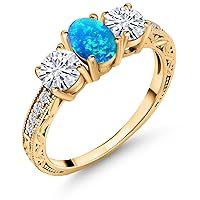 Gem Stone King 18K Yellow Gold Plated Silver 3-Stone Ring Oval/Cabochon Blue Simulated Opal and Moissanite (1.75 Cttw)