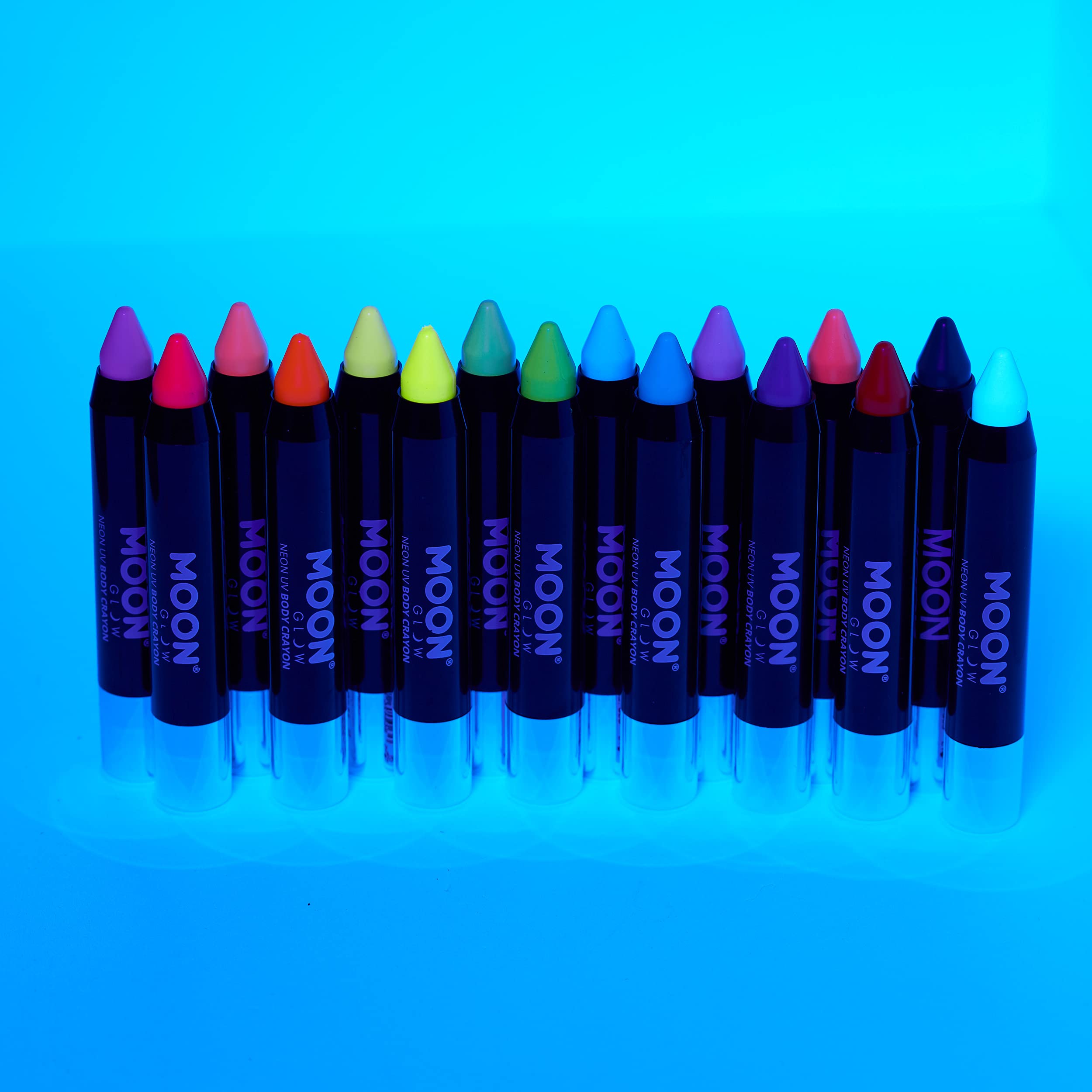 Moon Glow - Blacklight Neon Face Paint Stick/Body Crayon makeup for the Face & Body - Pastel & Intense set of 16 colours - Glows brightly under blacklights