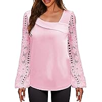 Today Deals Prime Long Sleeve Shirts for Women Trendy 2024 Spring Business Casual Tops Dressy Casual Blouses Ladies Plus Size Elegant Lace Outfits Summer Tops(P Pink,Large)