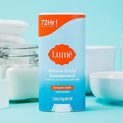 Lume Whole Body Deodorant - Smooth Solid Stick - 72 Hour Odor Control - Aluminum Free, Baking Soda Free and Skin Safe - 2.6 Ounce (Unscented)