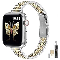 MioHHR Slim Metal Band Compatible with Apple Watch Band 41mm 40mm 38,mm,Dressy Stainless Steel Chain Strap for Women iWatch Bands Series 9 8 7 6 5 4 3 2 1 SE,Silver/Gold