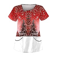 Women's Large Size Printed Work Uniform Top V Neck Short Sleeve Pullover Christmas T-Shirt Work Wear, S-4XL