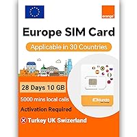 Orange Prepaid Europe Sim Card 28 Days, EU 10GB, Spain 25GB, 5000 Min Local Calls, Activation Required, Applicable to 27 States of The European Union (27 Days 10GB-Activate Required)