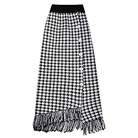 CHARTOU Women Houndstooth Knitted Bodycon Pencil Skirt Mid Long Packaged Hip Elastic Button Tassel Knit Skirt